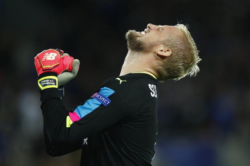 Leicester City’s Kasper Schmeichel celebrates after Islam Slimani scores their first goal. Eddie Keogh / Reuters