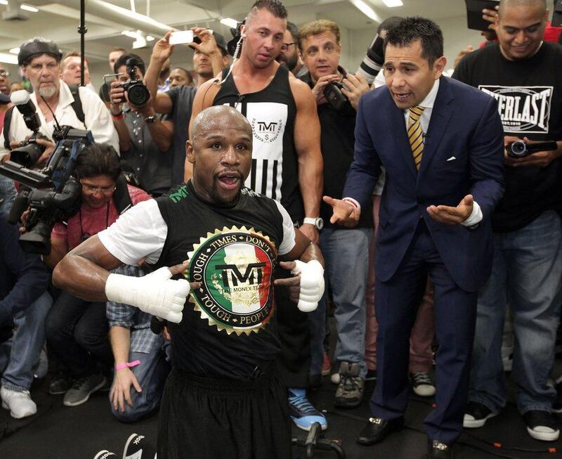 Floyd Mayweather works out at his boxing club in Las Vegas on Tuesday in front of the media ahead of his fight against Manny Pacquiao on May 2. John Gurzinski / AFP / April 14, 2015 