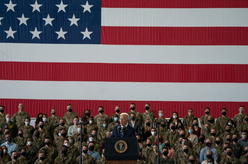 Mr Biden addresses US Air Force personnel on June 9 at RAF Mildenhall in Suffolk, England, ahead of the G7 summit in Cornwall. Getty Images