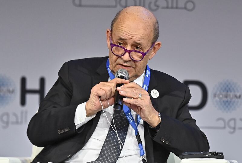 French Foreign Minister Jean-Yves Le Drian speaks at the Doha Forum in Qatar on March 27. EPA