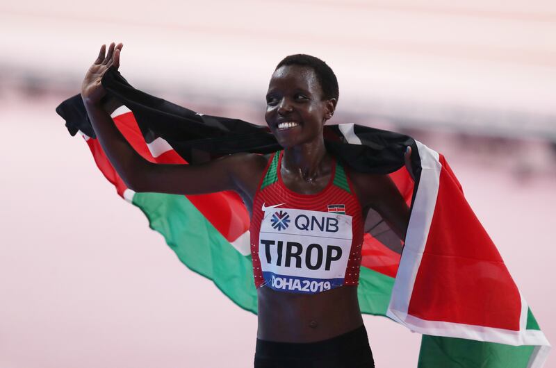 Kenya's Agnes Jebet Tirop reacts after finishing third in the women's 10,000 metres final at the 2019 World Championships in Doha. Tirop, 25, was found stabbed to death at her home, Athletics Kenya said on Wednesday. Reuters