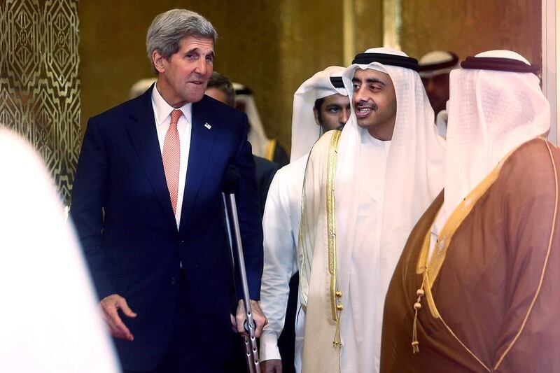 US secretary of state John Kerry and UAE Foreign Minister Abdullah bin Zayed arrive to attend the joint meeting between GCC foreign ministers and the US in Doha on August 3. EPA