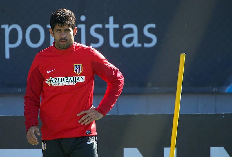 Diego Costa shown during Atletico Madrid's team training session on Friday ahead of Saturday's match with Barcelona that will determine the La Liga title winners. Curto de la Torre / AFP / May 16, 2014