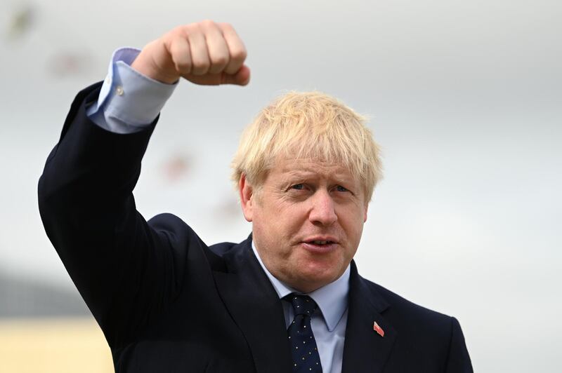 European Best Pictures Of The Day - September 12, 2019 - LONDON, ENGLAND - SEPTEMBER 12: U.K. Prime Minister Boris Johnson speaks to apprentices as he visits the NLV Pharos, a lighthouse tender moored on the river Thames to mark London International Shipping Week on September 12, 2019 in London, England. (Photo by Daniel Leal-Olivas - WPA Pool/Getty Images)
