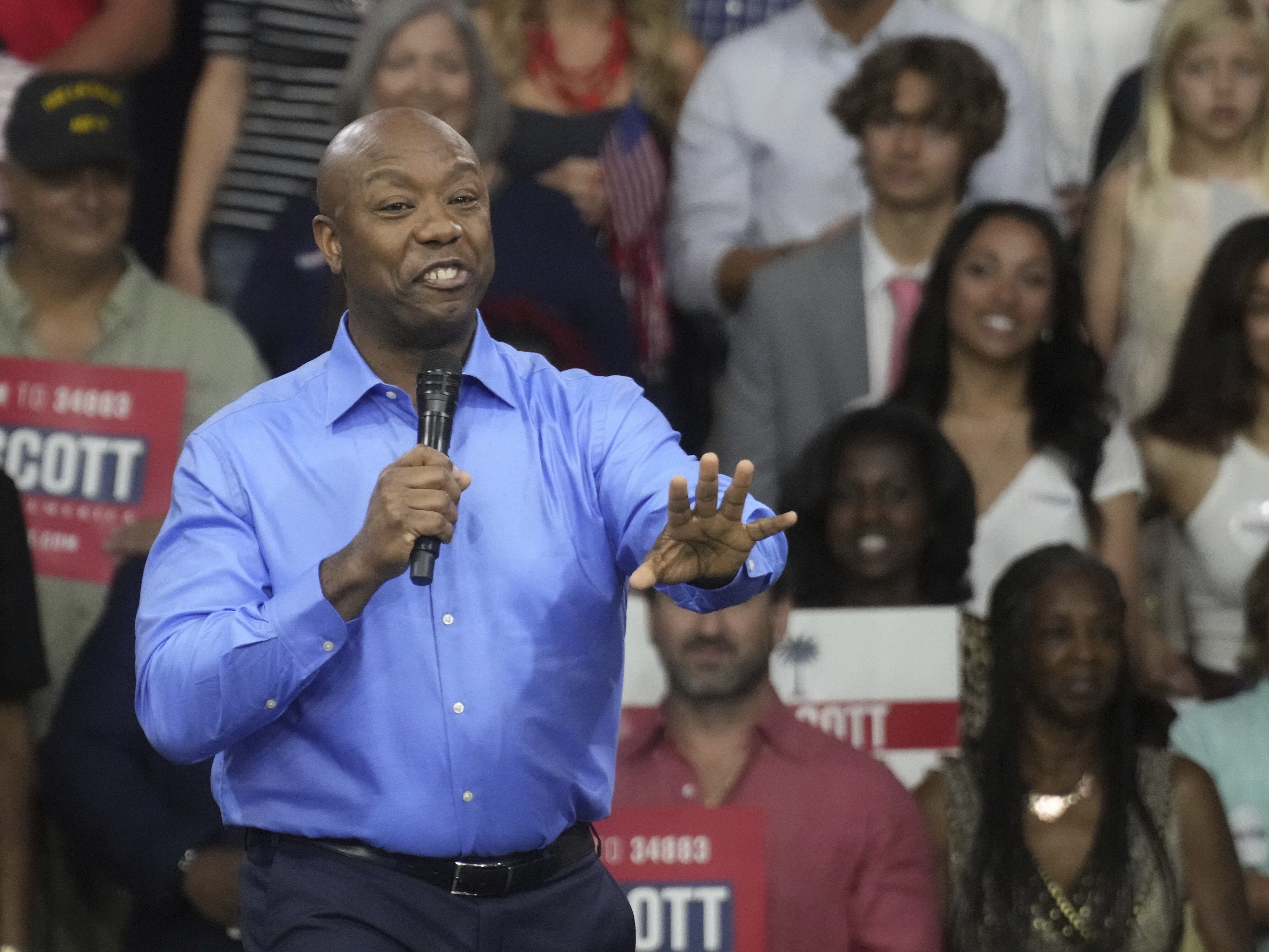 Senator Tim Scott at his presidential campaign announcement event at Charleston Southern University. AP