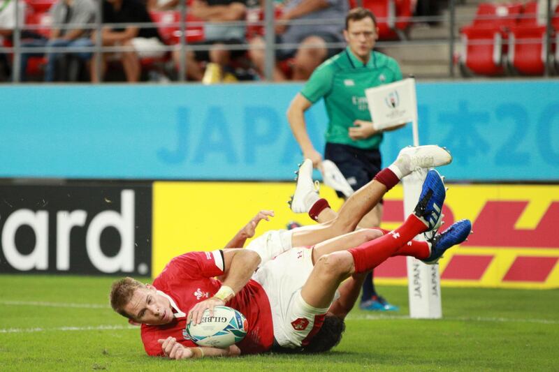 Liam Williams of Wales scores his side's fourth try. Getty