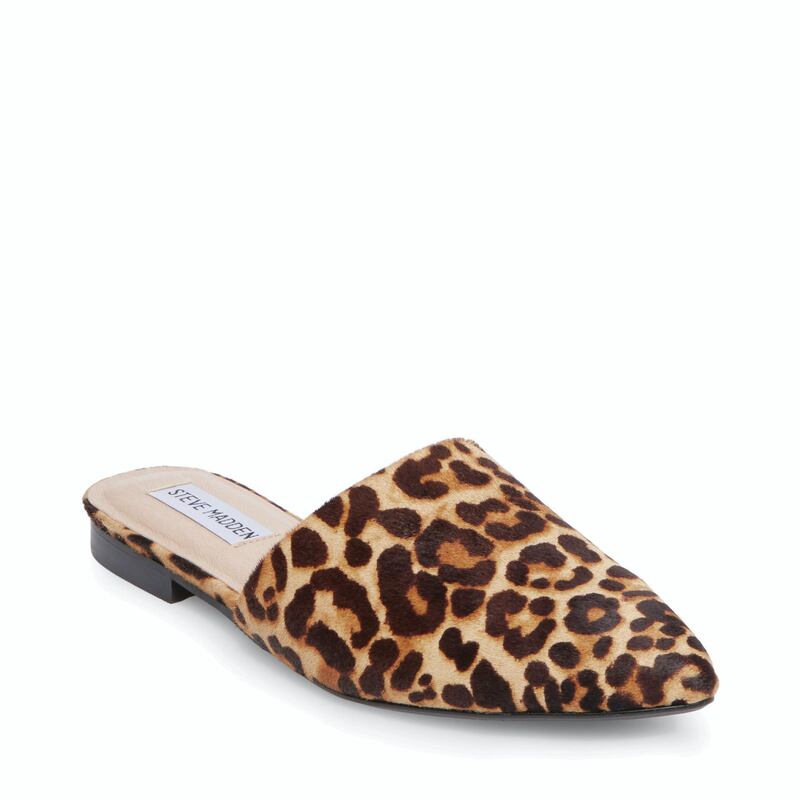 <p>Pointed slides are the easiest way to look polished. With frayed-edge jeans, with a maxi dress, or even a dressier evening look, a splash of leopard print always works;&nbsp;Dh299, Steve Madden</p>
