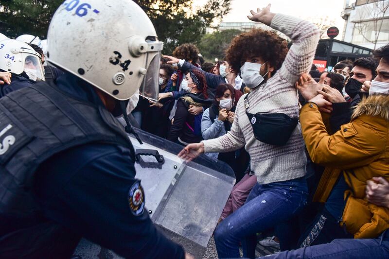 Police in riot gear clash with students of Bogazici University. AP Photo