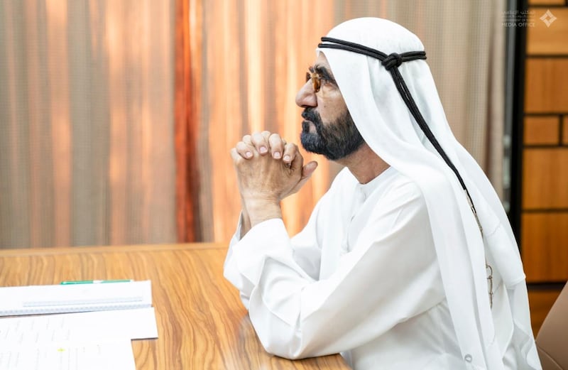 Sheikh Mohammed bin Rashid, Prime Minister and Ruler of Dubai, during a remote government meeting to discuss the UAE's post-coronavirus future. Courtesy: Dubai Media Office Twitter