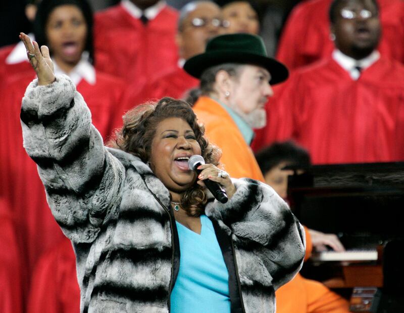 FILE - In this Feb. 5, 2006 file photo, Aretha Franklin and Dr. John, background on piano, perform the national anthem before the Super Bowl XL football game in Detroit. "Queen of Soul" Franklin and Nobel laureate and "Beloved" author Toni Morrison will be inducted into the National Women's Hall of Fame Thursday, Dec. 10, 2020 as part of a posthumous class of Black honorees that also includes Henrietta Lacks, whose cells were widely used in biomedical research; Barbara Hillary, the first Black woman to travel to both the North and South Pole, and civil rights activists Barbara Rose Johns Powell and Mary Church Terrell. (AP Photo/Gene J. Puskar, File)