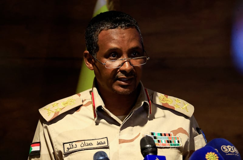 Rapid Support Forces commander Gen Mohamed Dagalo, then deputy head of Sudan's sovereign council, gives a media briefing in Khartoum in February last year. Reuters