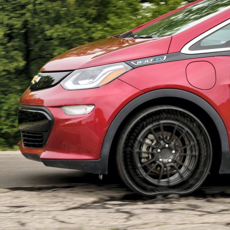 The Michelin Uptis Prototype is tested on a Chevrolet Bolt EV Wednesday, May 29, 2019 at the General Motors Milford Proving Ground in Milford, Michigan. GM intends to develop this airless wheel assembly with Michelin and aims to introduce it on passenger vehicles as early as 2024. (Photo by Steve Fecht for General Motors)