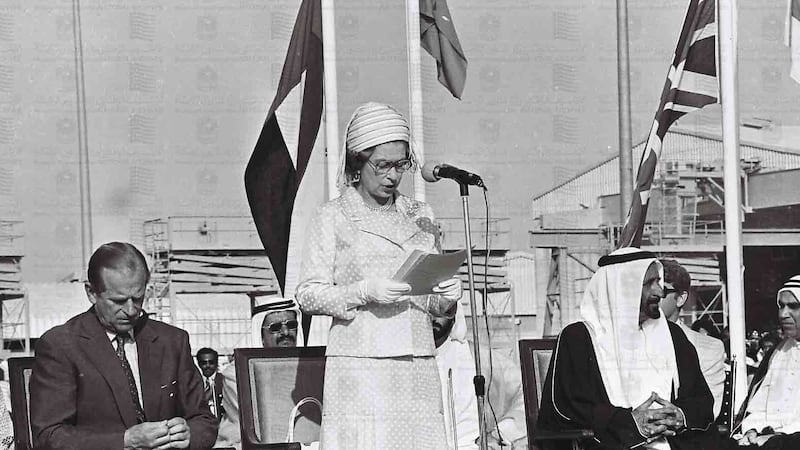 Prince Philip and Queen Elizabeth at the inauguration of Jebel Ali Port in Dubai in February 1979. Photo: Wam / National Archives