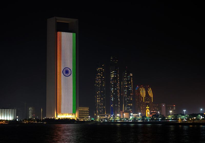 Indian flag projected on ADNOC Headquarters Building at the Corniche, Abu Dhabi in support during the COVID pandemic situation in India on April 25, 2021. Victor Besa / The National
Section: News