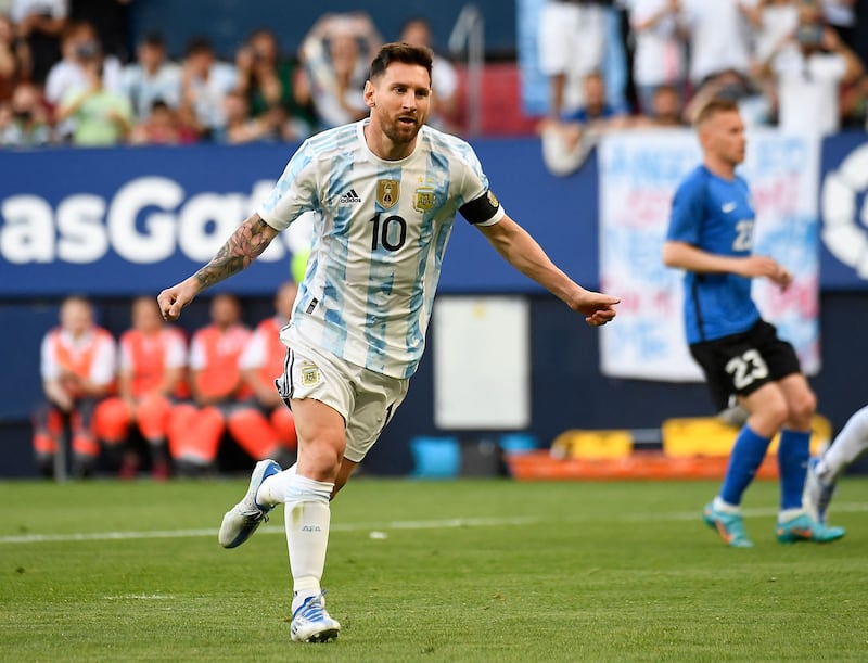 Argentina's forward Lionel Messi celebrates after scoring his team's first goal. AFP