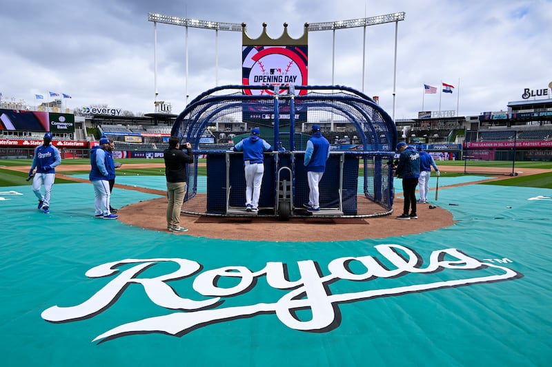 The Kansas City Royals take batting practice before their opening day baseball game against the Cleveland Guardians in Kansas City, Missouri. AP