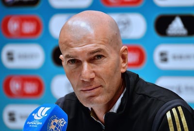 Real Madrid's French coach Zinedine Zidane addresses a press conference on the eve of the Spanish Super Cup final match, at Saudi Arabia's King Abdullah Sports city stadium in the Red Sea port of Jeddah, on January 11, 2020.  / AFP / Giuseppe CACACE
