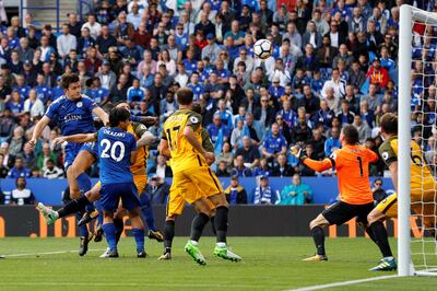 Soccer Football - Premier League - Leicester City vs Brighton & Hove Albion - Leicester, Britain - August 19, 2017   Leicester City's Harry Maguire scores their second goal   REUTERS/Darren Staples     EDITORIAL USE ONLY. No use with unauthorized audio, video, data, fixture lists, club/league logos or "live" services. Online in-match use limited to 45 images, no video emulation. No use in betting, games or single club/league/player publications. Please contact your account representative for further details.