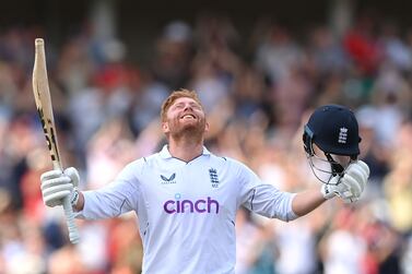 NOTTINGHAM, ENGLAND - JUNE 14: England batsman Jonny Bairstow celebrates his century during day five of the Second Test Match between England and New Zealand at Trent Bridge on June 14, 2022 in Nottingham, England. (Photo by Stu Forster / Getty Images)