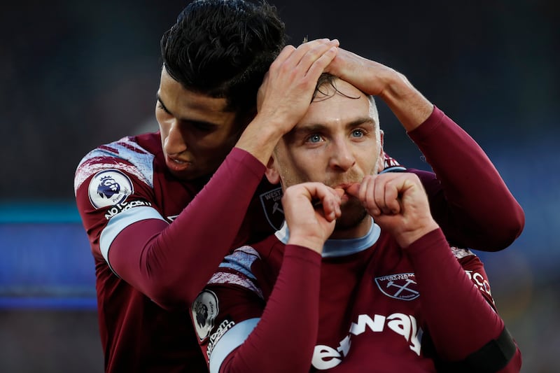 West Ham's Jarrod Bowen celebrates with Nayef Aguerd after scoring the second goal in the 2-0 victory. AP