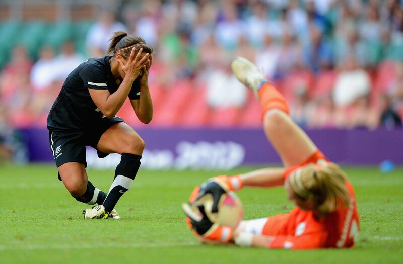 CARDIFF, WALES - JULY 25:  Sarah Gregorius of New Zealand looks dejected after seeing Karen Bardsley of Great Britain save her shot during the First Round Women's Football Group E Match of the London 2012 Olympic Games between Great Britain and New Zealand at Millennium Stadium on July 25, 2012 in Cardiff, Wales.  (Photo by Michael Regan/Getty Images)