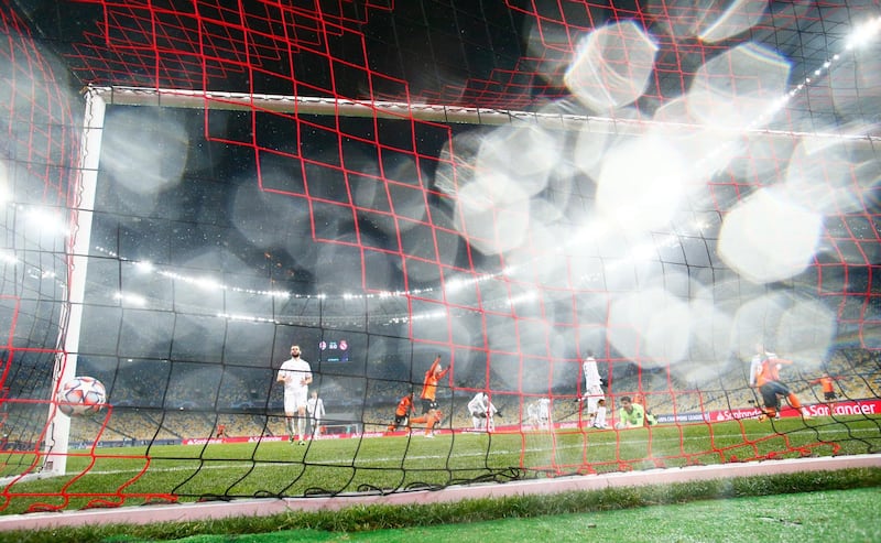 Shakhtar Donetsk's Dentinho scores their first goal against Real Madrid. Reuters