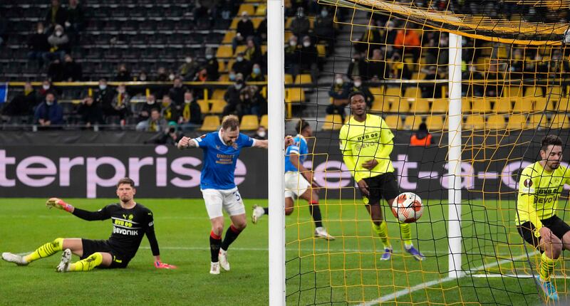 Dortmund's goalkeeper Gregor Kobel concedes against Rangers. AP