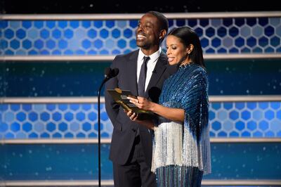 epa09044012 Handout image released by the Hollywood Foreign Press Association showing Sterling K. Brown and Susan Kelechi Watson present Best Television Series - Musical or Comedy during the 78th annual Golden Globe Awards ceremony at the Beverly Hilton Hotel, in Beverly Hills, California, USA, 28 February 2021.  EPA/HFPA / HANDOUT EDITORIAL USE ONLY, NO SALES