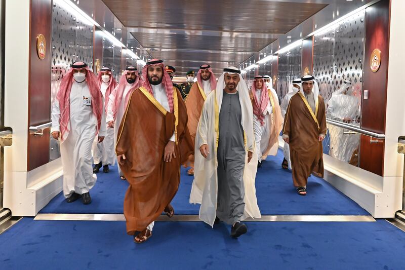 Sheikh Mohamed bin Zayed, Crown Prince of Abu Dhabi and Deputy Supreme Commander of the Armed Forces, bids farewell to Crown Prince Mohammed bin Salman  of Saudi Arabia at the Presidential Airport in Abu Dhabi. Photo: Ministry of Presidential Affairs