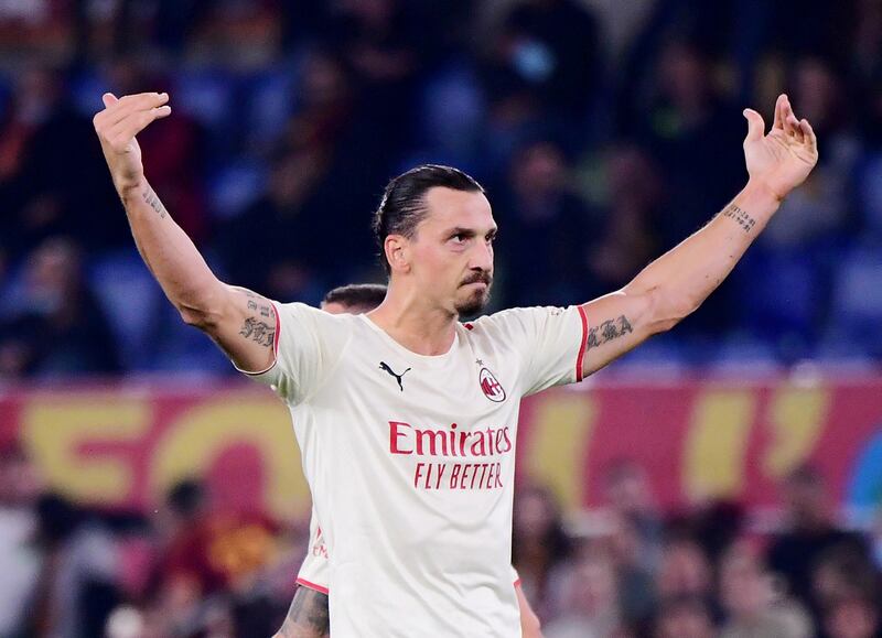 Zlatan celebrates scoring at Roma. Reuters