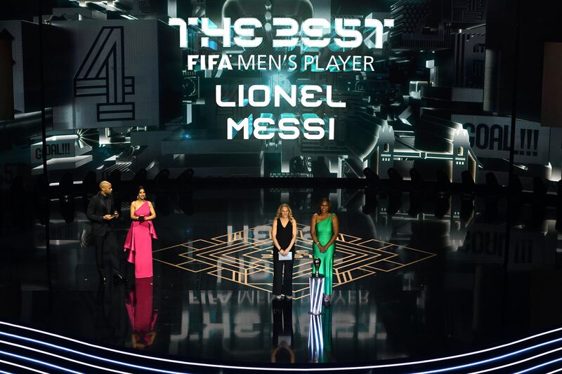 Lionel Messi is announced as the winner of the Fifa Best Men's Award. Getty