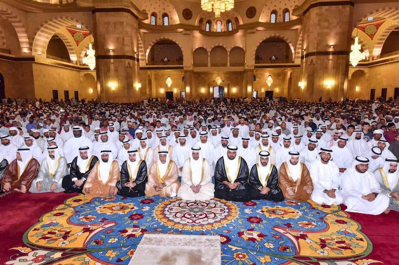 Sheikh Hamad bin Mohammed Al Sharqi, Ruler of Fujairah and Sheikh Mohammed bin Hamad, Crown Prince of Fujairah at the Grand Sheikh Zayed Mosque. WAM