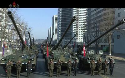 In this image made from video by North Korea's KRT, military tanks are seen during a parade in Pyongyang, North Korea Thursday, Feb. 8, 2018. North Korea held a military parade and rally on Kim Il Sung Square on Thursday, just one day before South Korea hosts the opening ceremony of the Pyeongchang Winter Olympics. (KRT via AP Video)