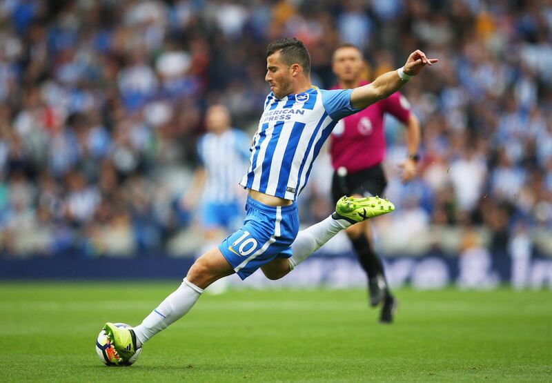 BRIGHTON, ENGLAND - SEPTEMBER 24:  Tomer Hemed of Brighton and Hove Albion shoots during the Premier League match between Brighton and Hove Albion and Newcastle United at Amex Stadium on September 24, 2017 in Brighton, England.  (Photo by Steve Bardens/Getty Images)