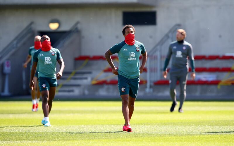 SOUTHAMPTON, ENGLAND - MAY 19: Ryan Bertrand (C) as Southampton FC players return to training following Covid-19 restrictions being relaxed, at the Staplewood Campus on May 19, 2020 in Southampton, England. (Photo by Matt Watson/Southampton FC via Getty Images)