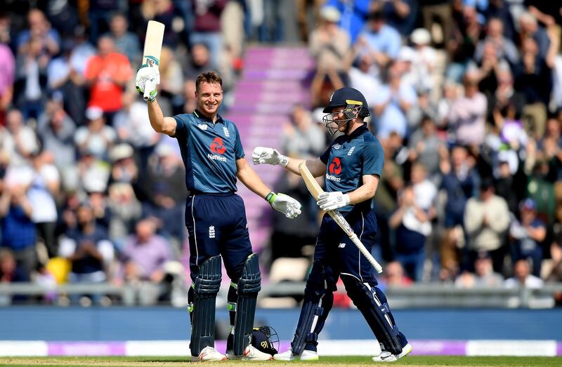 SOUTHAMPTON, ENGLAND - MAY 11: Jos Buttler of England celebrates his century with Eoin Morgan of England during the second One Day International between England and Pakistan at The Ageas Bowl on May 11, 2019 in Southampton, England. (Photo by Alex Davidson/Getty Images)