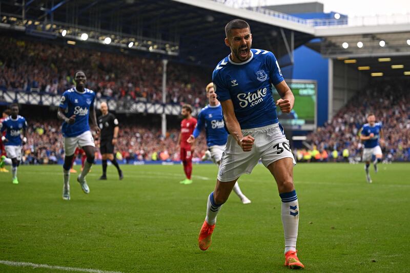 Everton defender Conor Coady celebrates after finding the net, only for VAR to rule out a goal in the 0-0 draw against  Liverpool at Goodison Park on September 3, 2022. AFP