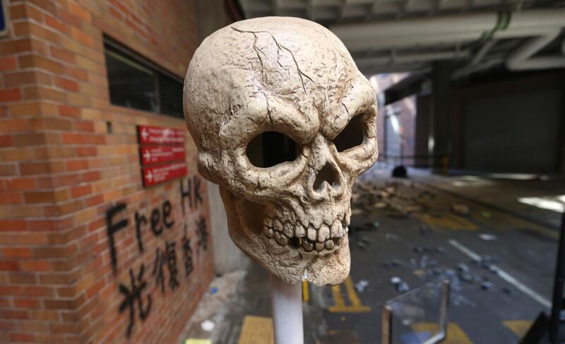 A skull statue is seen on the campus of the Polytechnic University in Hong Kong. AP Photo
