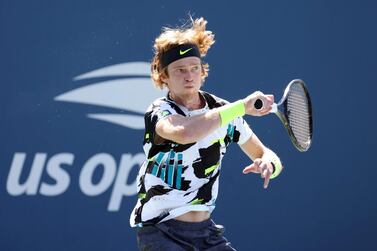 NEW YORK, NEW YORK - SEPTEMBER 05: Andrey Rublev of Russia returns a shot during his Men's Singles third round match against Salvatore Caruso of Italy on Day Six of the 2020 US Open at USTA Billie Jean King National Tennis Center on September 05, 2020 in the Queens borough of New York City. Al Bello/Getty Images/AFP == FOR NEWSPAPERS, INTERNET, TELCOS & TELEVISION USE ONLY ==