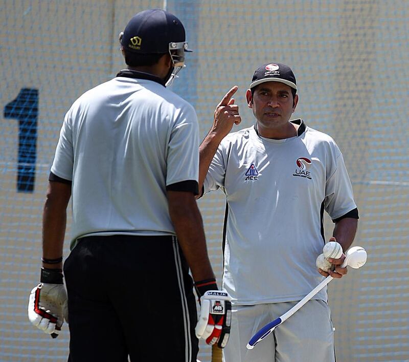Aaqib Javed, right, the UAE coach, was annoyed with the way the Under 19 team played during their defeat to Pakistan on Monday. Satish Kumar / The National