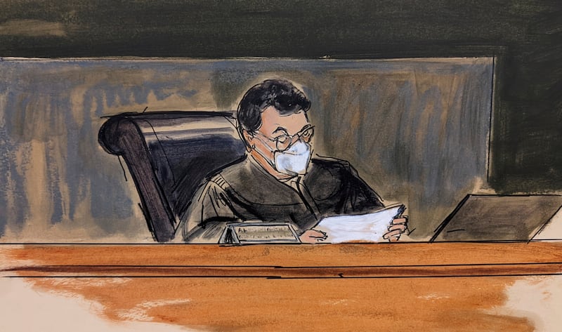 A New York courtroom artist's sketch shows United States District Judge Alison Nathan reading guilty verdicts against Ghislaine Maxwell, former girlfriend of disgraced US financier Jeffrey Epstein. AP