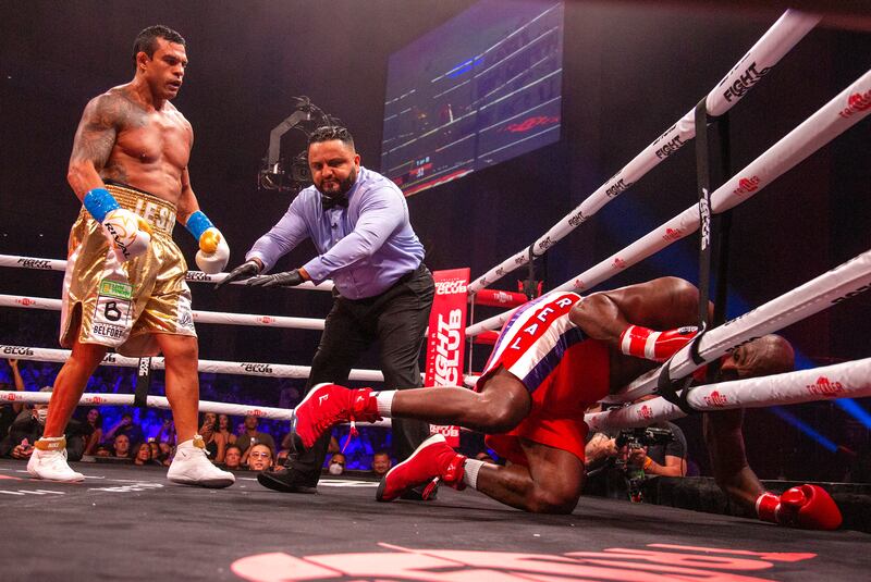 Former MMA star Vitor Belfort looks on after knocking down former heavyweight boxing champion Evander Holyfield during their boxing bout at the Seminole Hard Rock Hotel and Casino in Florida, on Saturday, September  11. EPA