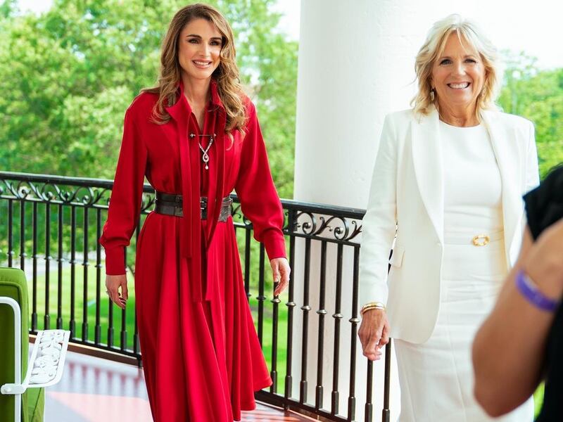 Queen Rania and US First Lady Jill Biden at the White House on Monday