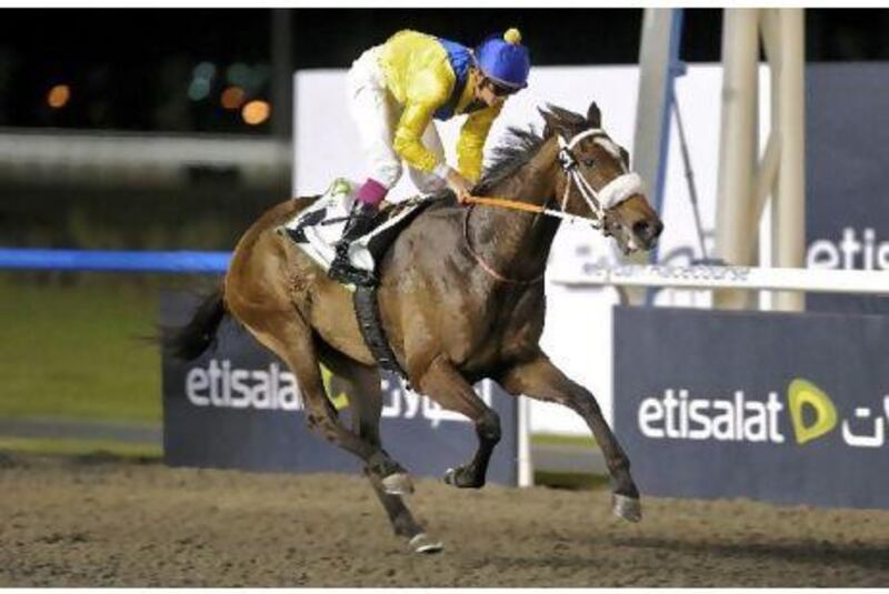 Mahbooba, ridden by Christophe Soumillon, wins the UAE 1000 Guineas easily at Meydan Racecourse last night.