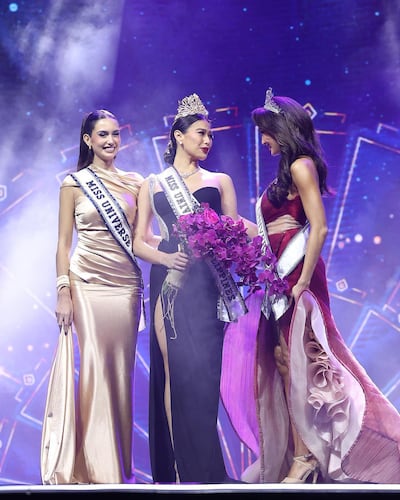 From left, last year's winner Celeste Cortesi with Miss Universe Philippines 2023 Michelle Dee and reigning Miss Universe 2022 R'Bonney Gabriel. Photo: Instagram / themissuniverseph