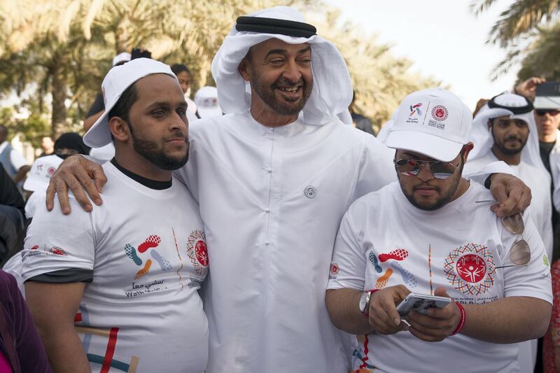 ABU DHABI, UNITED ARAB EMIRATES - January 26, 2018: HH Sheikh Mohamed bin Zayed Al Nahyan, Crown Prince of Abu Dhabi and Deputy Supreme Commander of the UAE Armed Forces (C), stands for a photograph with participants during the Special Olympics Wold Games Abu Dhabi 2019 initiative "Walk Unified", at Umm Al Emarat Park.
( Mohamed Al Hammadi / Crown Prince Court - Abu Dhabi )
---
