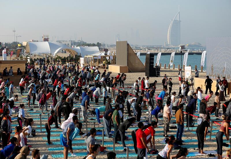 Dubai, February, 01,2019: Yogis attend the third edition of XYoga Dubai Festival in Dubai. Satish Kumar/ For the National