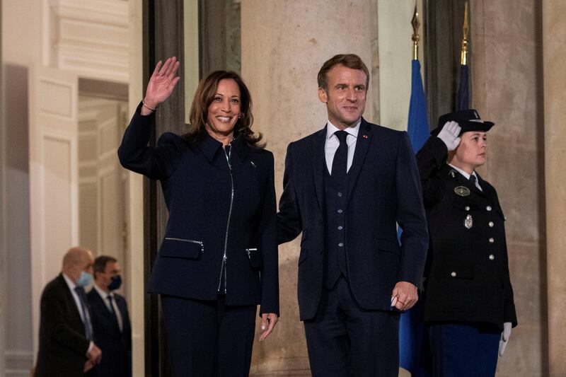 US Vice President Kamala Harris with French President Emmanuel Macron at the Elysee Palace in Paris on Wednesday. Reuters