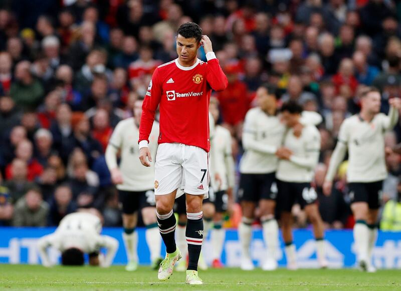 Manchester United's Cristiano Ronaldo looks dejected after Liverpool's Mohamed Salah scores their third goal. Reuters