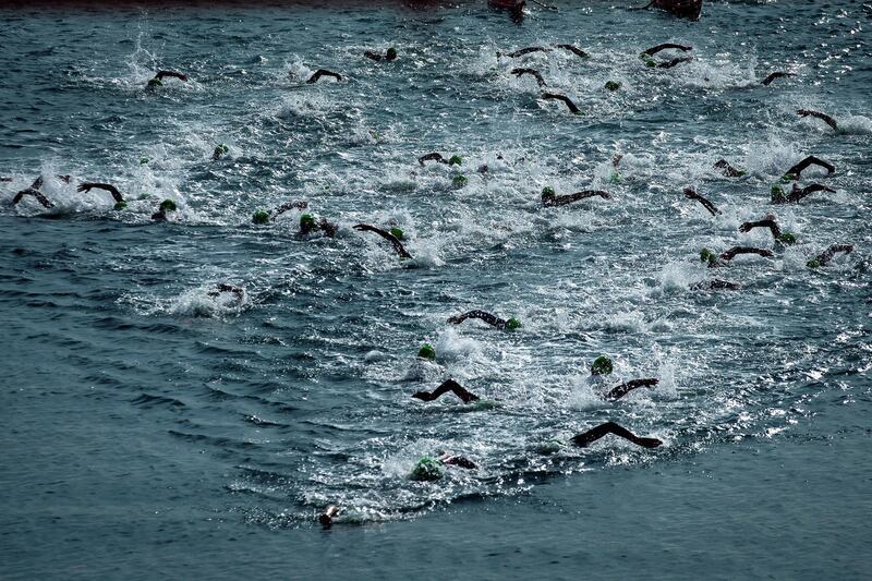 Athletes compete in the ETU Sprint Triathlon European Cup event in Barcelona, Spain, on Sunday, October 25. EPA